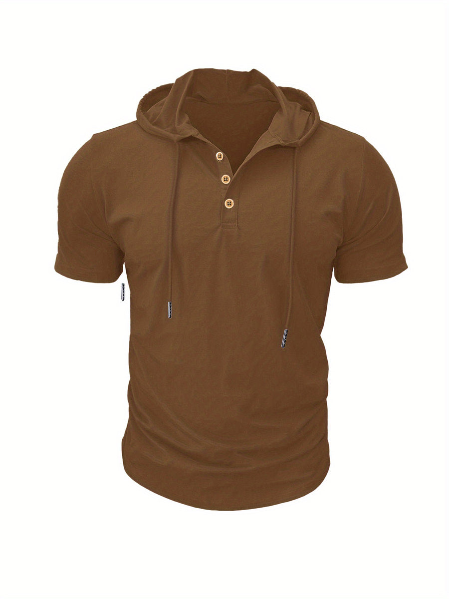 A Single Piece Men'S Casual Hooded Henley Shirt, Lightweight Sports T-Shirt for Summer That Wicks Moisture And Is Breathable, Featuring a Solid Color, Short Sleeves, Button Details at The Neckline, Adjustable Drawstrings for The Hood, Regular Fit - Brown