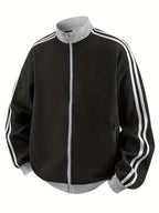 Men'S American Vintage Cardigan Sweatshirt, New Striped Stand-Up Collar, College Style Sports Casual Jacket for Spring And Autumn - Black