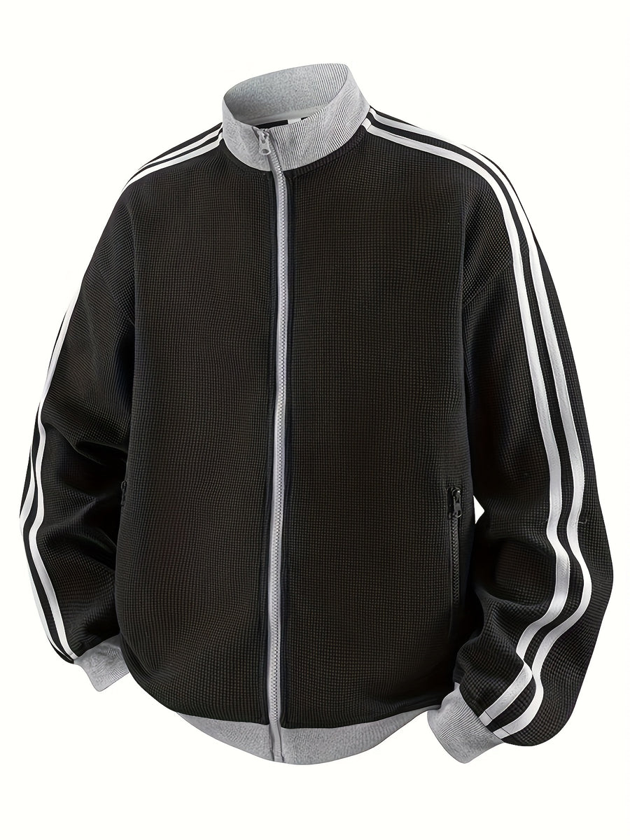 Men'S American Vintage Cardigan Sweatshirt, New Striped Stand-Up Collar, College Style Sports Casual Jacket for Spring And Autumn - Black