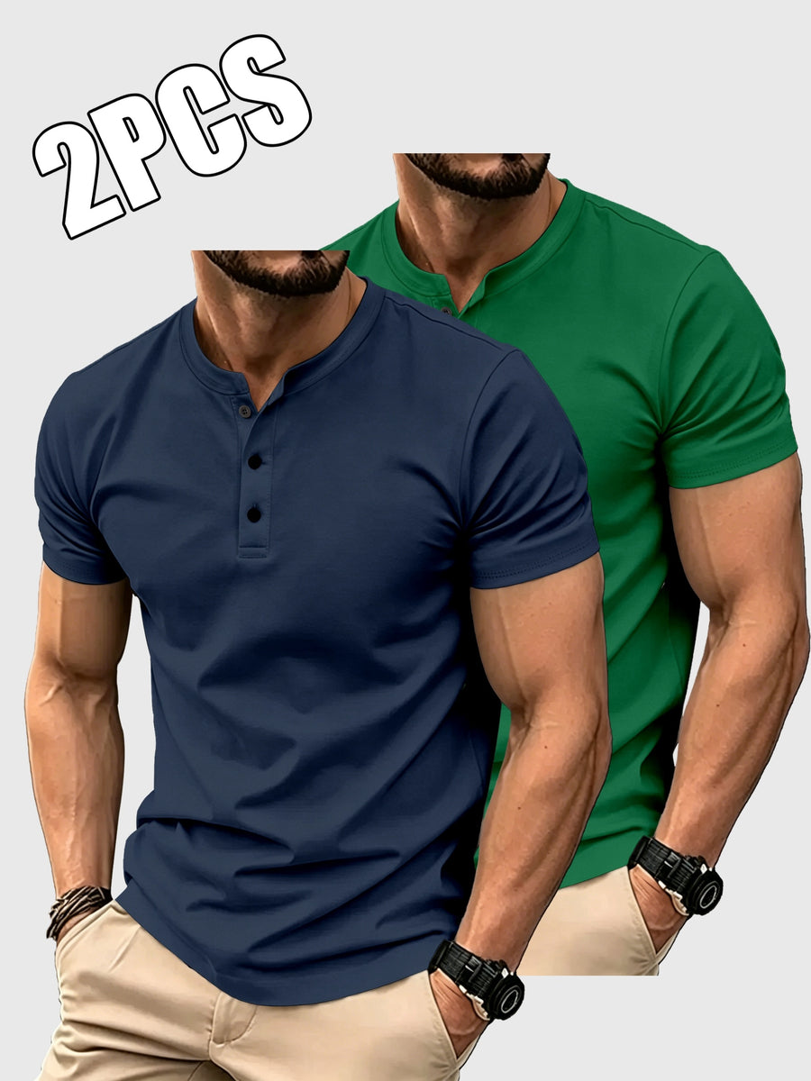 2pcs Set of Men'S Solid Color T-Shirts, Summer Classic Henley Shirts, Suitable for Casual Wear - Navy Blue+Dark Green