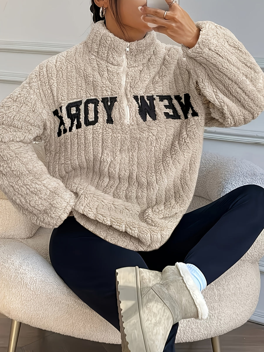 Autumn-Winter Warm Women's Letter Embroidered Stand Collar Zipper Double-Sided Pullover, Elegant Solid Color Top Coat for Women - Khaki
