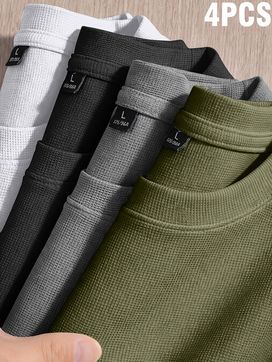 Versatile Summer Casual Small Waffle Grid Cool Short-Sleeved T-Shirt 4pcs Set - Military Green+Medium Gray+Black+White