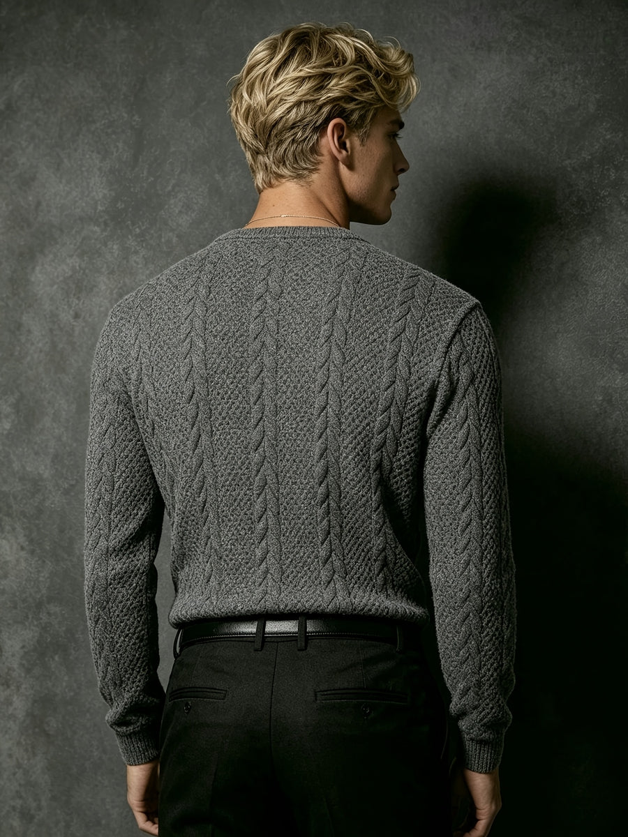 Autumn Men'S White Textured Henley Top, Half-Buttoned Jacquard Long Sleeve Knit Pullover, Korean Style Clean Fit for Men, Slight Stretch Regular Fit, Outdoor And Office Versatile Top - Dark Gray