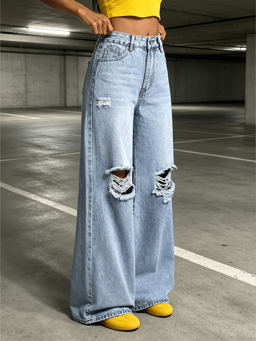 Light Blue Fashionable Ripped Denim Women's Wide-leg Pants; Versatile, Comfortable, Street Style - Sea Blue