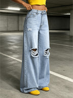 Light Blue Fashionable Ripped Denim Women's Wide-leg Pants; Versatile, Comfortable, Street Style - Sea Blue