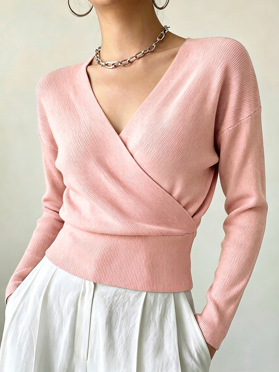 Women'S New Arrivals INS Autumn/Winter Cross-Collar Pullover, Elegant Versatile Loose Fit Machine Washable Long-Sleeve Knitwear - pink