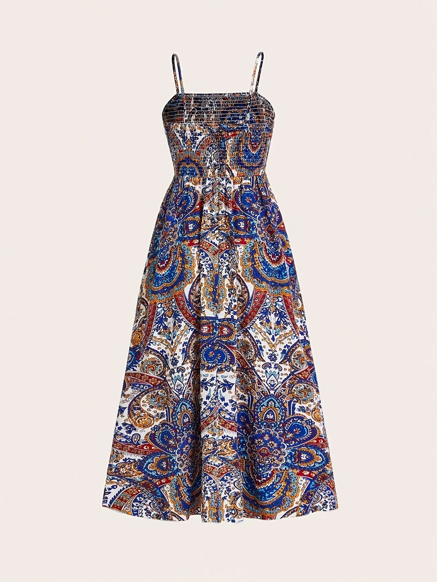 Paisley Print Spaghetti Suspender Dress, Long Vacation Casual Beachwear for Women - Multicolor