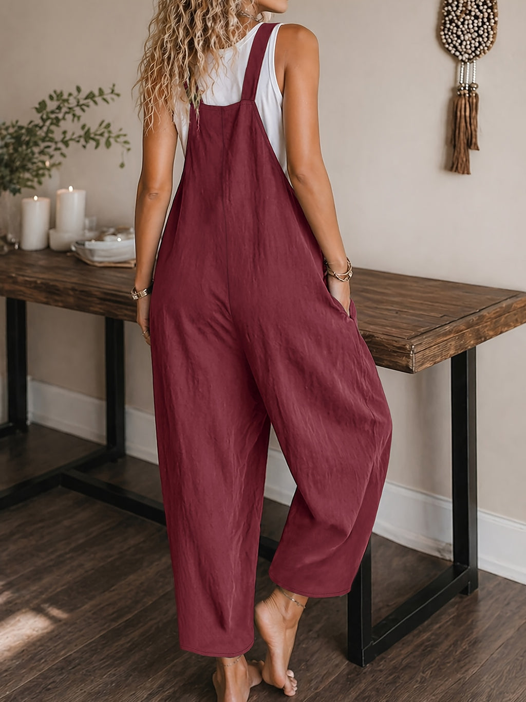 Women's Casual Vacation Loose Solid Color Overalls Jumpsuit - Burgundy