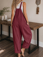 Women's Casual Vacation Loose Solid Color Overalls Jumpsuit - Burgundy