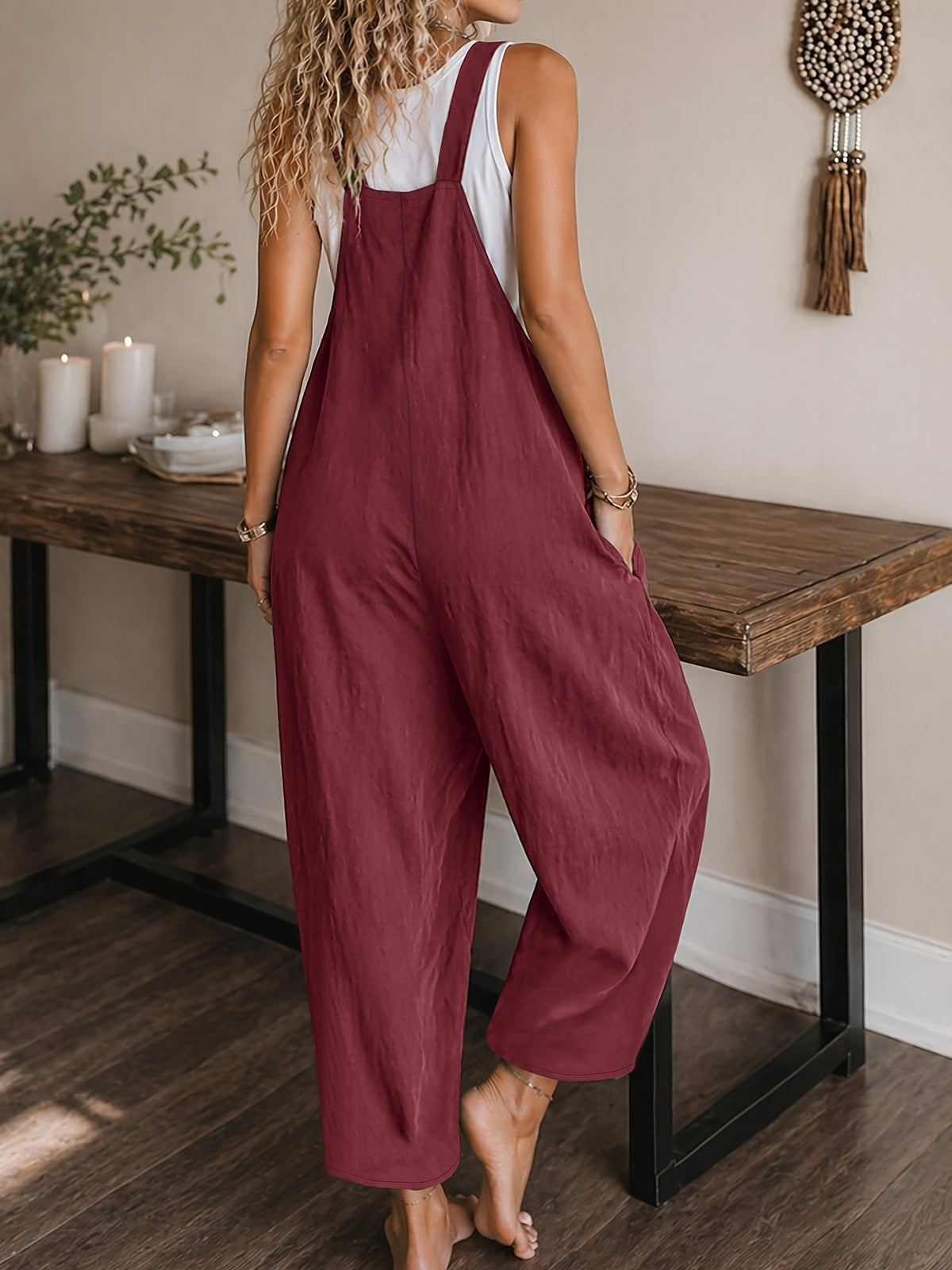 Women's Casual Vacation Loose Solid Color Overalls Jumpsuit - Burgundy