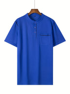 2025 Summer New Arrival Men's Color-Block Striped Short-Sleeve Henley Shirt, Cool and Breathable - Blue