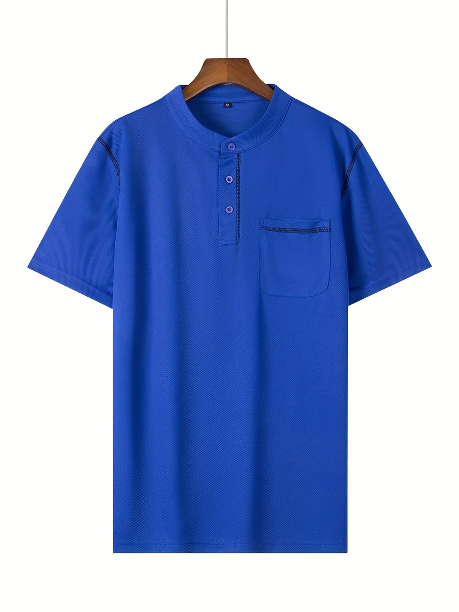 2025 Summer New Arrival Men's Color-Block Striped Short-Sleeve Henley Shirt, Cool and Breathable - Blue