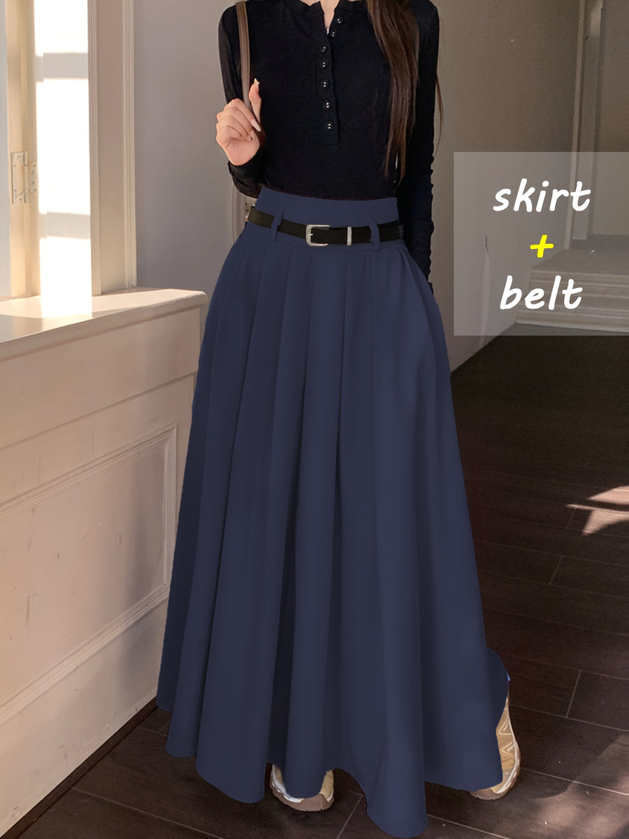 Fashionable, Elegant, and Graceful Pleated Midi/maxi Skirt for Workplace, Daily Wear, Commuting, and Office Use. Simple, Form-fitting Design Suitable for Spring and Autumn - Blue