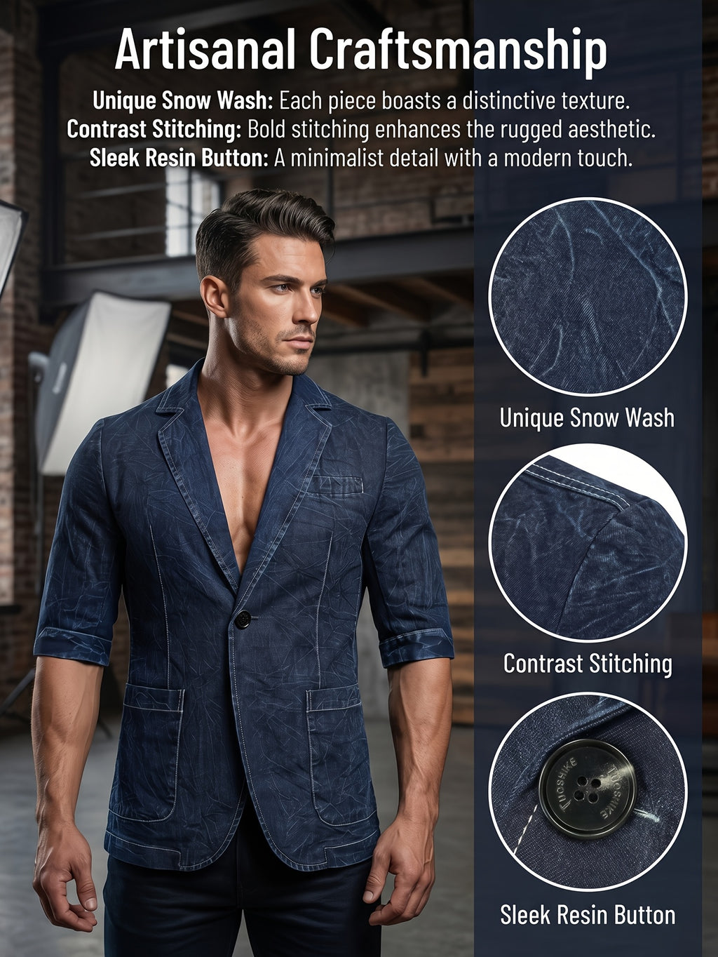 Original Designed Men's Dark Blue Crackle Hand-Washed Denim Blazer for Spring & Original Crackle Washed Denim Blazer, Men's Single Button Lapel Mid Sleeve Slim Fit Jacket with Contrast Stitch Pockets, Business Casual Layerable Outerwear - Navy Color
