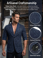 Original Designed Men's Dark Blue Crackle Hand-Washed Denim Blazer for Spring & Original Crackle Washed Denim Blazer, Men's Single Button Lapel Mid Sleeve Slim Fit Jacket with Contrast Stitch Pockets, Business Casual Layerable Outerwear - Navy Color