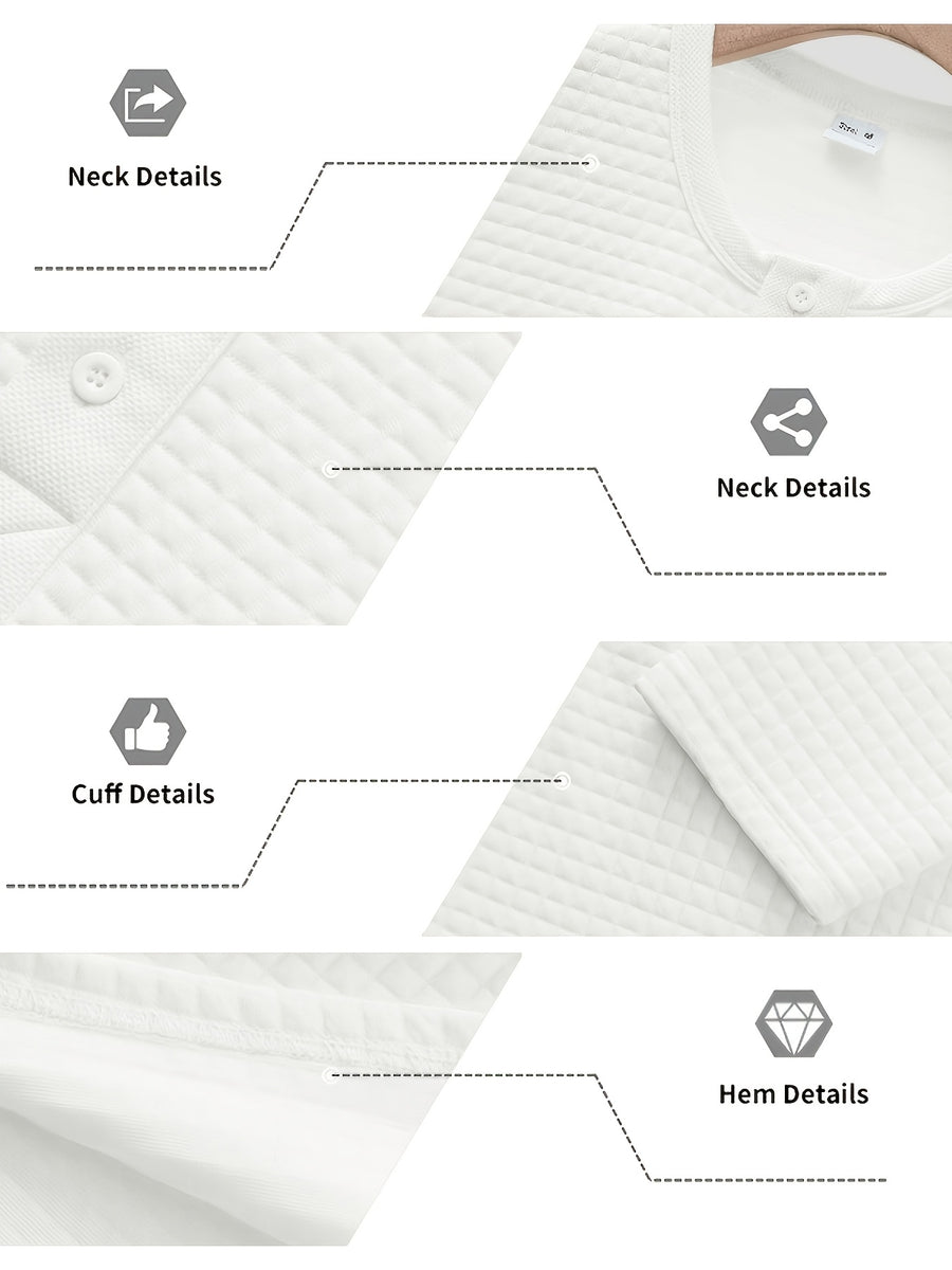 Men's Autumn Two-pc Waffle Knit Henley Long-Sleeve Sweater, Soft Three-Dimensional Checkered Textured Fabric, Three-Button Placket for Adjustable Collar, Simple Casual Commuter Style, Can Be Worn Alone or as a Layering Piece, Suitable for Daily - White Army