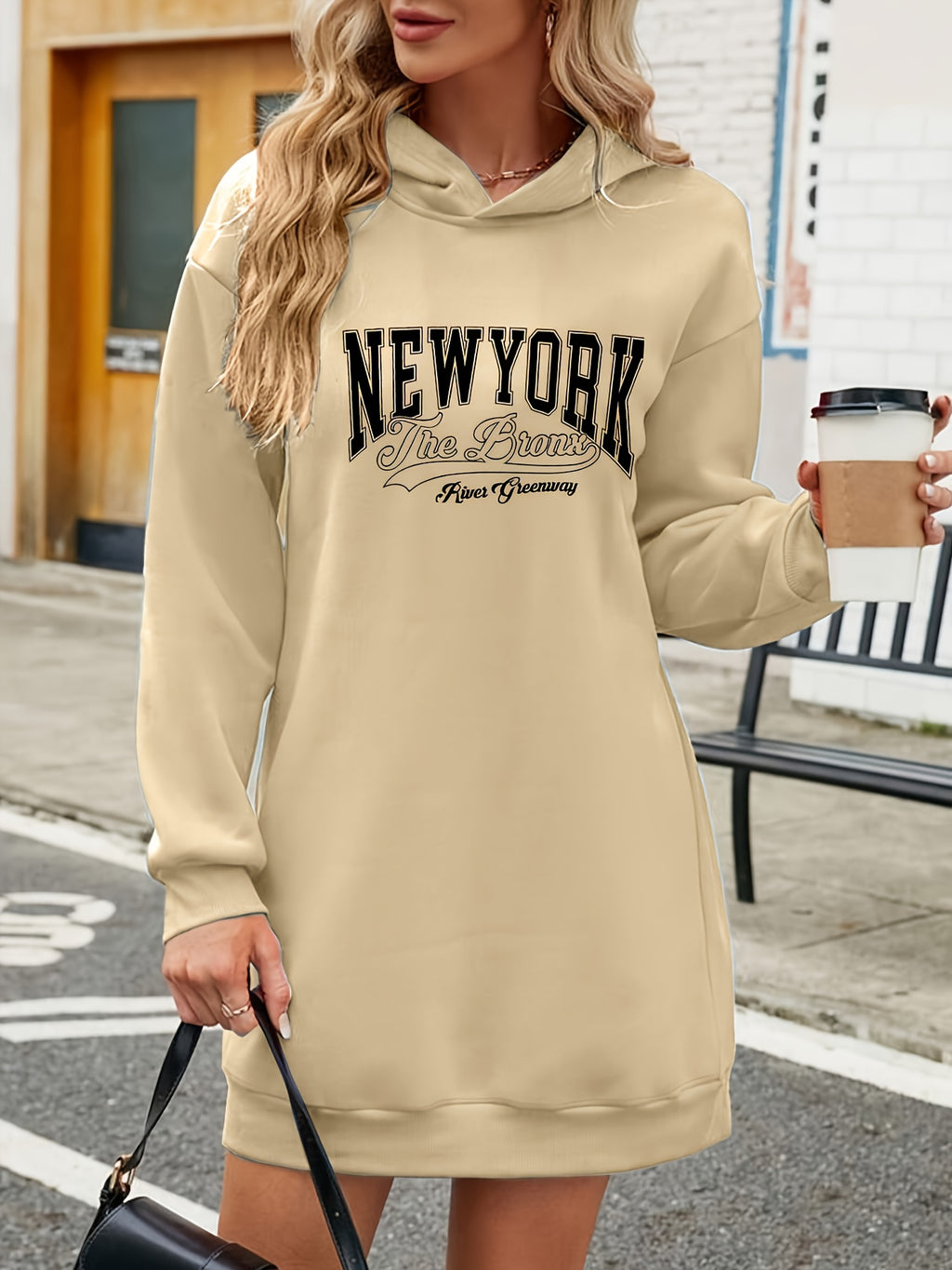 Women'S Fashion Letter Print Hooded Sweat Dress, Women'S Autumn Winter Premium Trendy Street Style Age-Reducing Fleece-Lined Color-Block Hooded Sweatshirt, Casual Versatile Hooded Top, Outerwear Pullover, Long Length Sweatshirt, Elegant - Apricot
