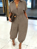 Summer Lapel Short-sleeve Printed Jumpsuit with Front Button Design, Comfortable to Wear, Elegant and Casual Overall for Women, Batwing Sleeve Design, Wide-leg Design with Front Tie, Suitable for Dates, Work, Vacations, Festivals, and Casual Wear - Khaki