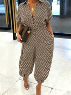 Summer Lapel Short-sleeve Printed Jumpsuit with Front Button Design, Comfortable to Wear, Elegant and Casual Overall for Women, Batwing Sleeve Design, Wide-leg Design with Front Tie, Suitable for Dates, Work, Vacations, Festivals, and Casual Wear - Khaki