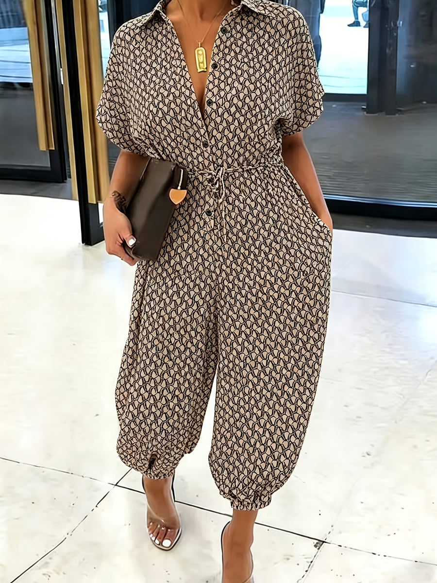 Summer Lapel Short-sleeve Printed Jumpsuit with Front Button Design, Comfortable to Wear, Elegant and Casual Overall for Women, Batwing Sleeve Design, Wide-leg Design with Front Tie, Suitable for Dates, Work, Vacations, Festivals, and Casual Wear - Khaki