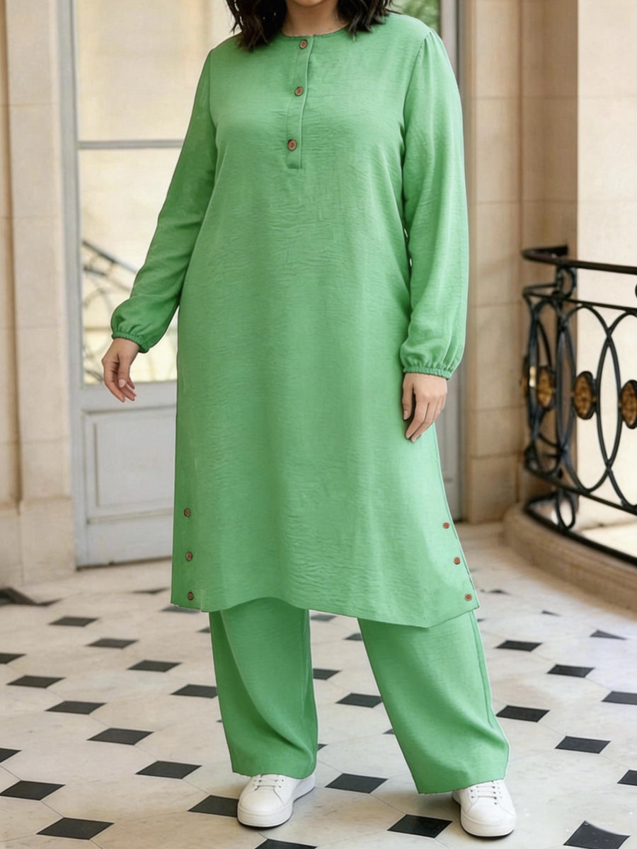 Eid Elegant Muslim 2pcs Jilbab/Abayas Set | Wooden Button Abaya with Wide-Leg PantsDaily Modest Wear - Green