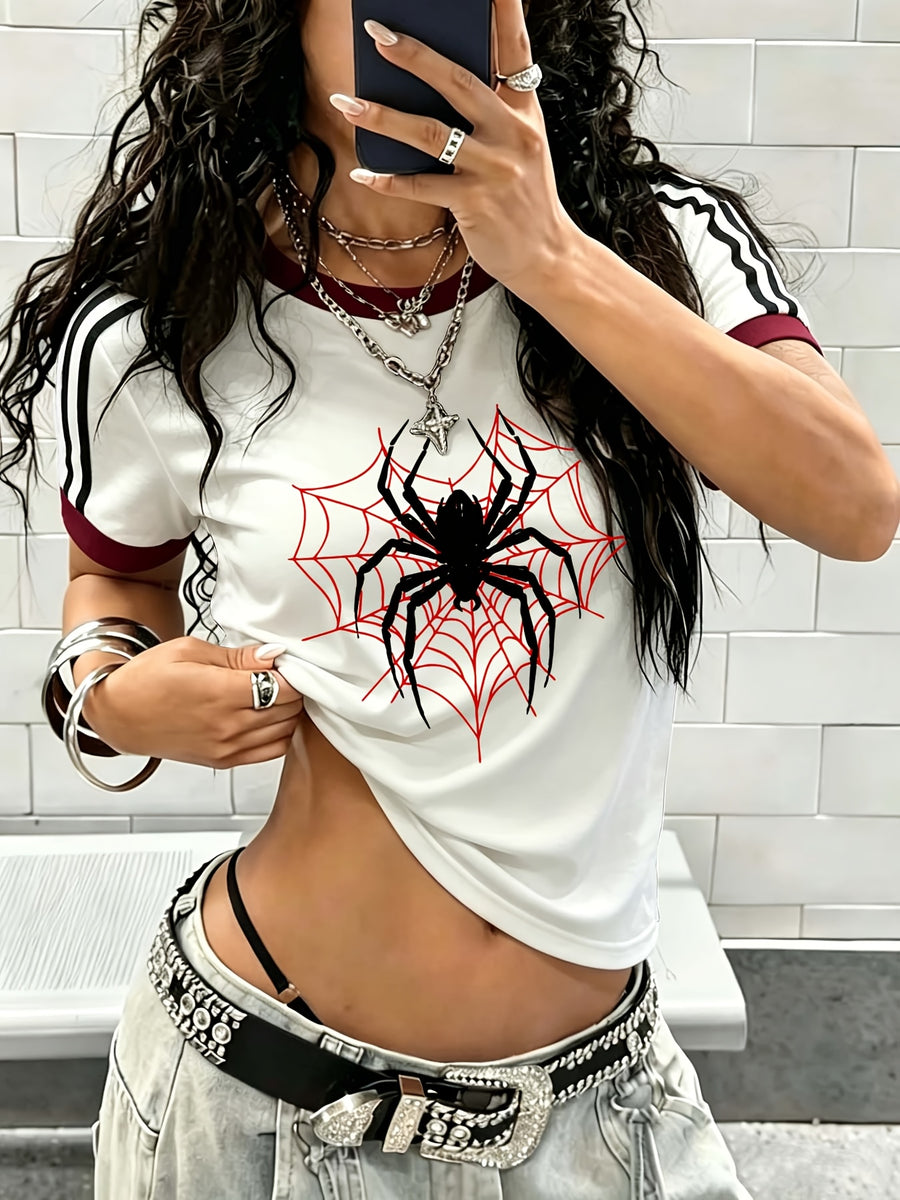 1pc New European American Women'S Contrast Trim Design Short Multicolor T-Shirt Slim Short Sleeve - Cartoon Fun Retro Individual Niche Y2K Dark Gothic Style Easy Creative Heart Spider Web Pattern Print Design Fashion Sweet Cool Trendy Street Hot Sty - White