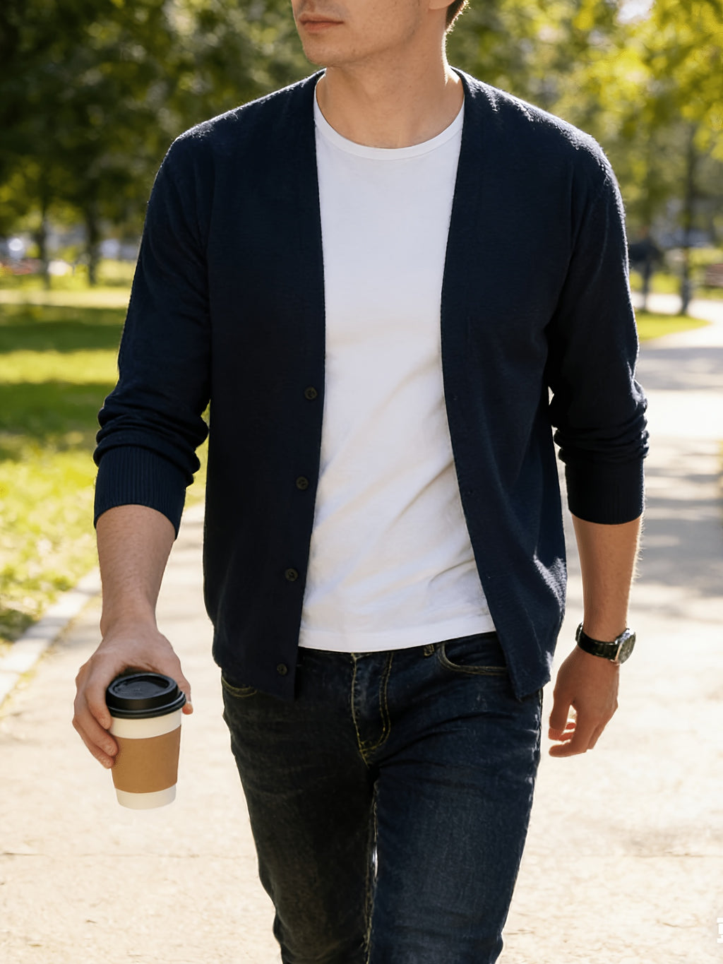 Popular Men's Waffle Knit V-Neck Cardigan, Spring/Autumn Business Casual Buttonless Outerwear, Breathable and Comfortable Knit Sweater, Slimming and Elegant Men's Outerwear, Solid Color Simple and Versatile Top, Soft, Skin-Friendly - Black
