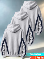 Men'S Three-Piece Casual Hooded Sweater Set, Featuring Contrast-Colored Spliced Sleeves with Drawstrings, Loose-Fitting Pullover Shirt, Long-Sleeved Sports Top for Daily Wear - Gray + Gray + Gray