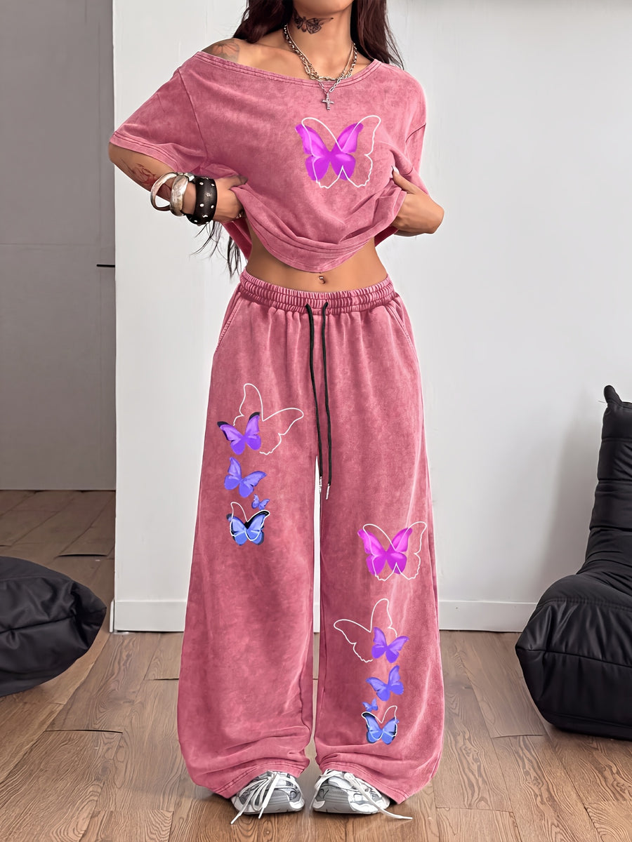 Y2K Vintage Washed 2pcs Sportswear Set - Off-the-Shoulder Top + Butterfly Print Loose Wide-Leg Pants, Sweet and Cool Street Style Women's Loungewear - Red