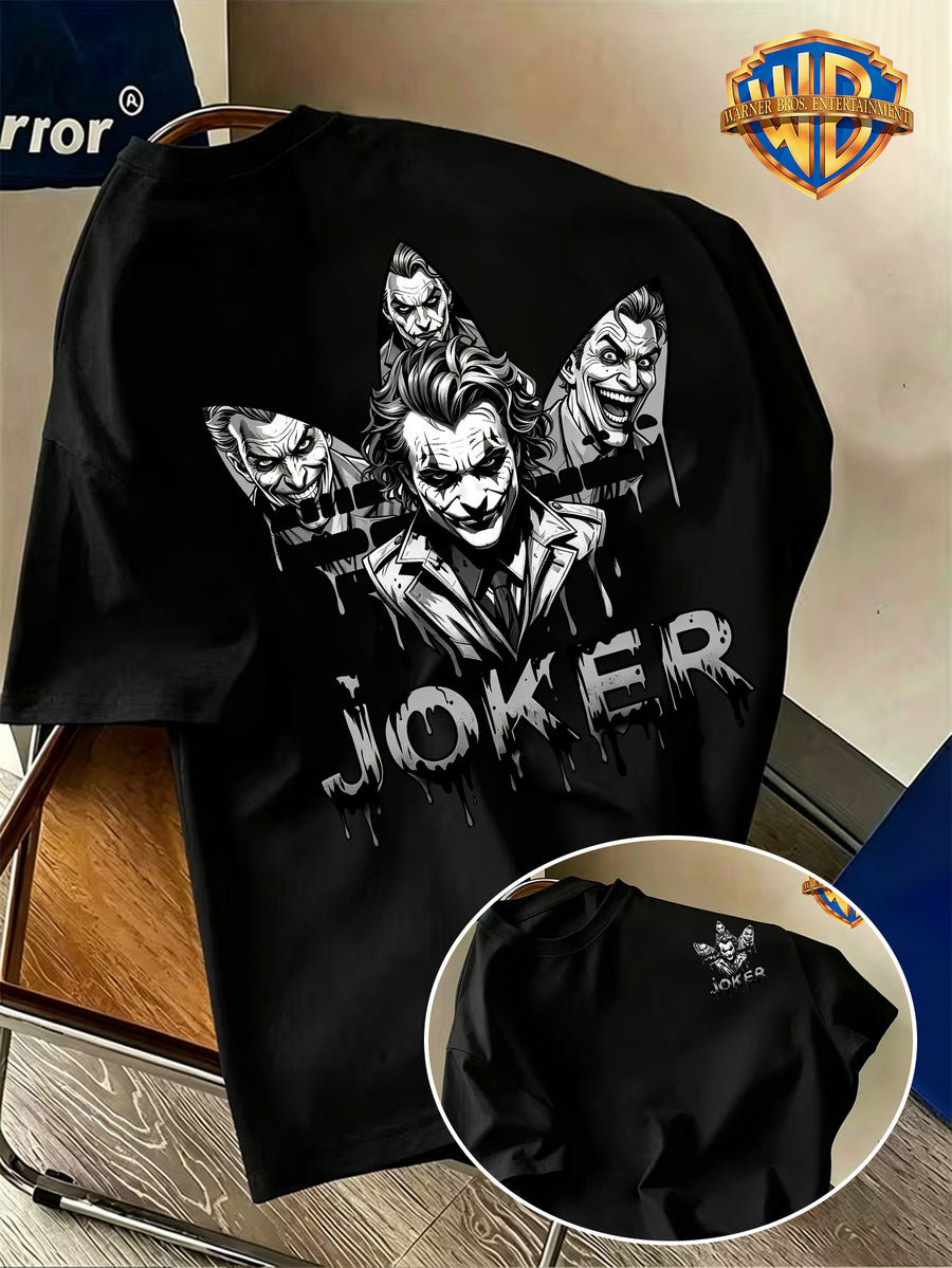 Warner Authorized 2026 New Men'S Summer Trendy Short Sleeve T-Shirt, Cool Dark Style Black And White Series Dark Knight Joker JOKER Sketch Ink Splatter Graffiti Creative Print Design, American Dark Street Comic Style, Loose Fit - Black