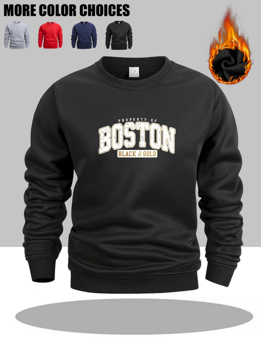 Men's Casual Style, Men's Crewneck Sweatshirt, Boston Black And Golden Property Of Print, Polyester Fiber, Suitable for Men Daily Wear And Sports Scenes - Black