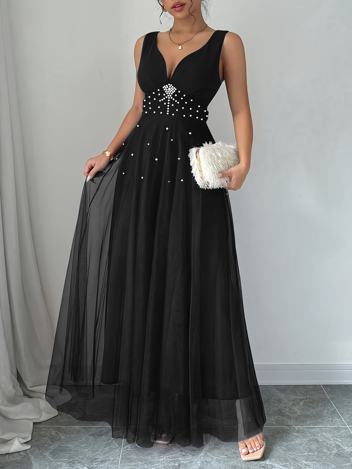 Summer Women'S Elegant Dress Mesh Stitching White Bubble Bead Multi-Layer Super Large Swing Sleeveless Summer Long Evening Dress Suitable for Party Dinner Wedding Wear Elegant Dress Wedding Party Dress - Black