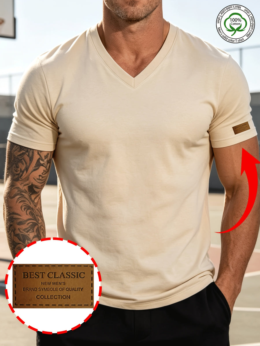 100% Cotton Men's Pure Cotton Casual V-Neck Solid Color Short Sleeve Shirt, Zhangzi Design Basic Classic Style, Breathable and Smooth, Versatile Top for Business Layering, Outings, Shopping, or Sports - Apricot
