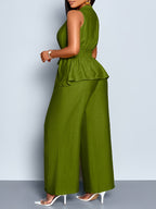 Women's Spring/Summer Elegant Vacation Style Daily Wear Sleeveless Top with Asymmetric Hem + Wide-Leg Pants 2pcs Set, Casual 2pcs Outfit for Wedding Season, Music Festivals, Easter, Western, Bohemian, Nashville Style, Parties, Weddings - Olive Green