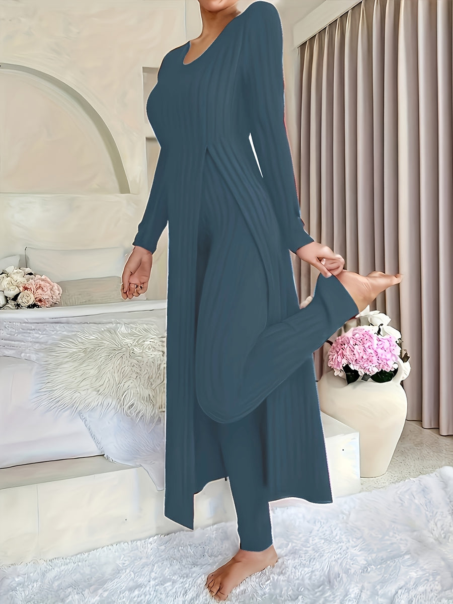 Autumn-Winter Casual Robe and Long Pants Set, High Slit Dress Set, Hair Needle Material, Suitable for Daily Wear, Home Casual Wear - Sea Blue