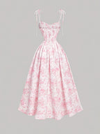 Elegant Floral Print Spaghetti Strap Long Dress | Shirred Detail, Fit And Flare Style For Adults - Pink