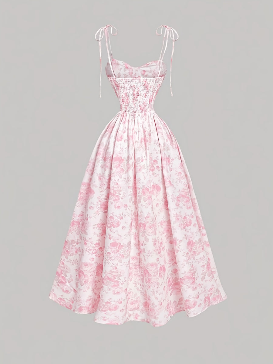 Elegant Floral Print Spaghetti Strap Long Dress | Shirred Detail, Fit And Flare Style For Adults - Pink