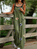 Ink Wash Floral Summer Loose Fit Wide-Leg Long Pants, Artistic Casual Versatile Women's Jumpsuit E0213 - Olive Green