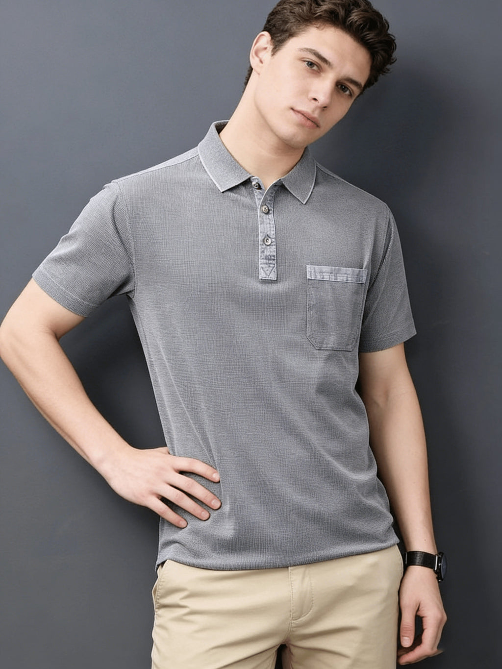 Mid-Age Men'S Washed Distressed Vintage T-Shirt Polo Shirt Top Solid Casual Top British Style with Pocket - Silvery Grey