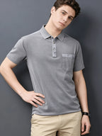 Mid-Age Men'S Washed Distressed Vintage T-Shirt Polo Shirt Top Solid Casual Top British Style with Pocket - Silvery Grey