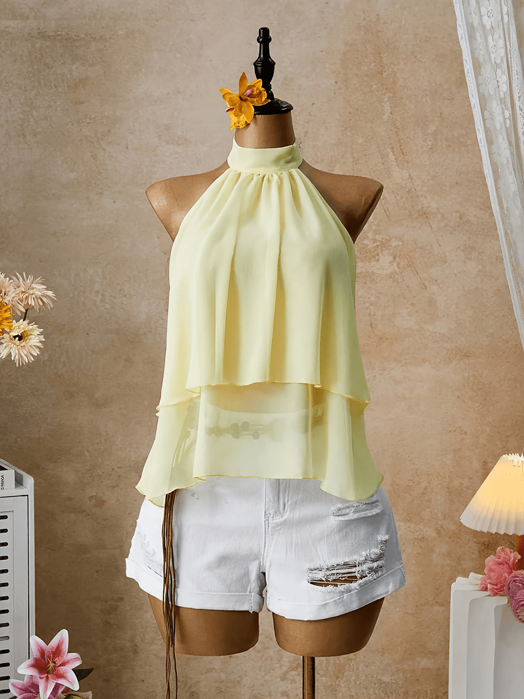 Yellow Halter Neck Tie Blouse, Elegant Halter Neck Ruffled Hem A-Line Tie Neck Shirt, Light Yellow Casual Office Shirt Backless Women'S Top, Suitable for Beach Vacation - Bright Yellow