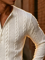 Back-To-School Season Men'S White Stretch Knit Long Sleeve Top, Henley Collar Pinstripe Textured Button-Up Shirt, Light Mature Korean Style Outfit, Early Autumn Fitted Style, Campus Outing And Weekend Shopping Knitwear - White