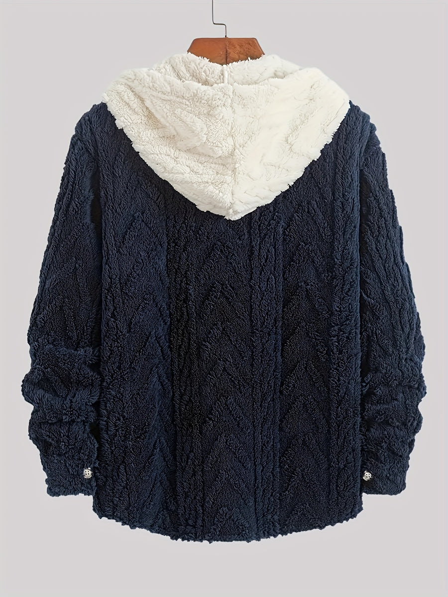 Men'S Warm Thickened Double-Faced Fleece Drawstring Hooded Sweatshirt, Casual Color-Block Design, Suitable for Autumn And Winter, Button-Up Cardigan Sweater - Navy Color