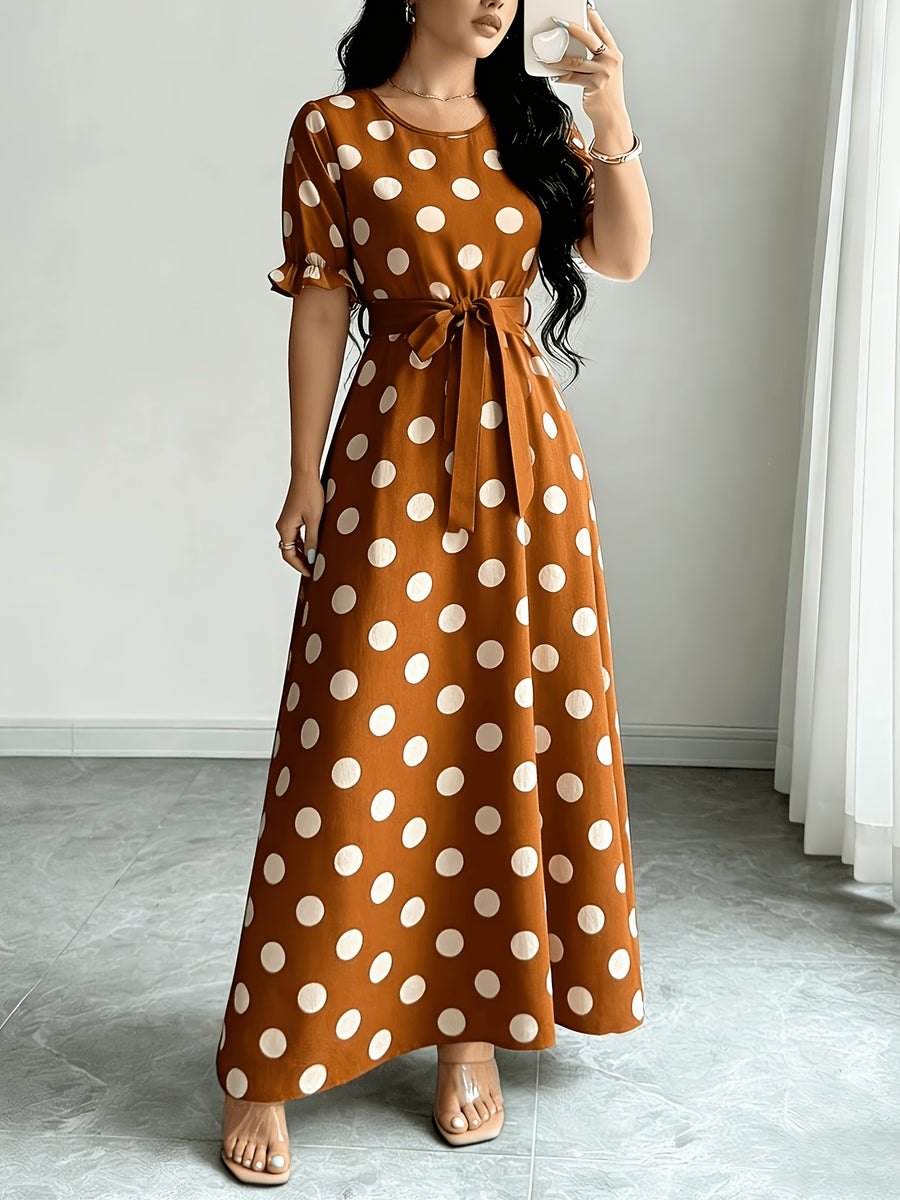 Women'S Printed Round Neck Casual Waist Dress - Yellowish-brown