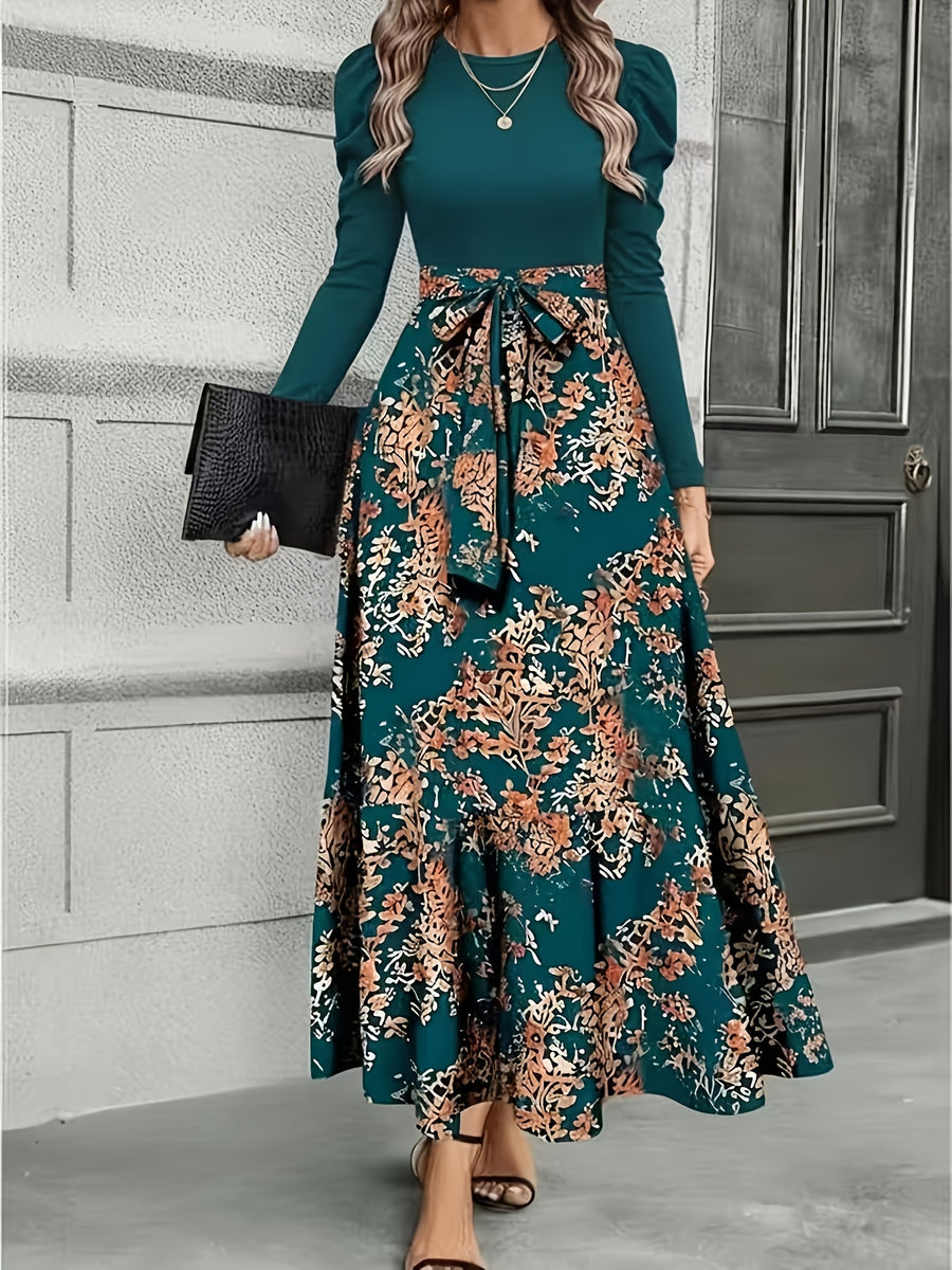 Elegant Casual Leisure Western Printed Puff Sleeve Long Sleeve Spring Autumn Dress - Green