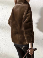 Solid Color Plush Coat, Stand Collar Thick Warm Zipper Drawstring Loose Women'S Coat - Dark Brown