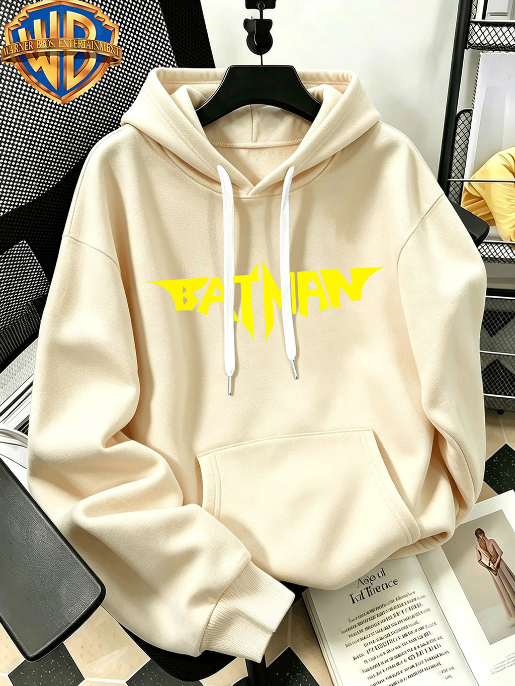 [Warner Bros. Official] Autumn/Winter Streetwear Fashion Men's Drawstring Pocket Hoodie Sweatshirt, Ripped Color Ink Batman Comic Book Cool Print Design, Sporty Style Loose Fit Hoodie, for Daily Casual Wear, Men's Trendy Fashion, Suitable for Home - Apricot