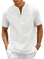 Men'S Summer Henley Collar Short Sleeve T-Shirt, Stand-Up Collar Casual Top, Breathable Linen, for Pool Parties, Beach Vacations, Ideal Choice for Beachwear Gifts - White