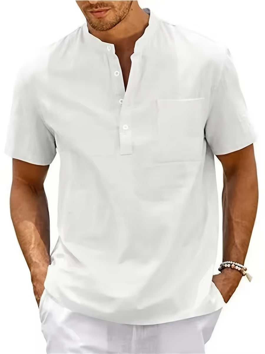 Men'S Summer Henley Collar Short Sleeve T-Shirt, Stand-Up Collar Casual Top, Breathable Linen, for Pool Parties, Beach Vacations, Ideal Choice for Beachwear Gifts - White