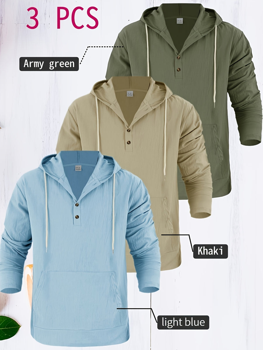 3pcs Men's Casual and Fashionable Hoodies, Made of Linen Material, Suitable for Outdoor Leisure, Adjustable Drawstring Hoodies, the First Choice Men's Tops in Spring and Autumn - Light Blue + Khaki + Army Green